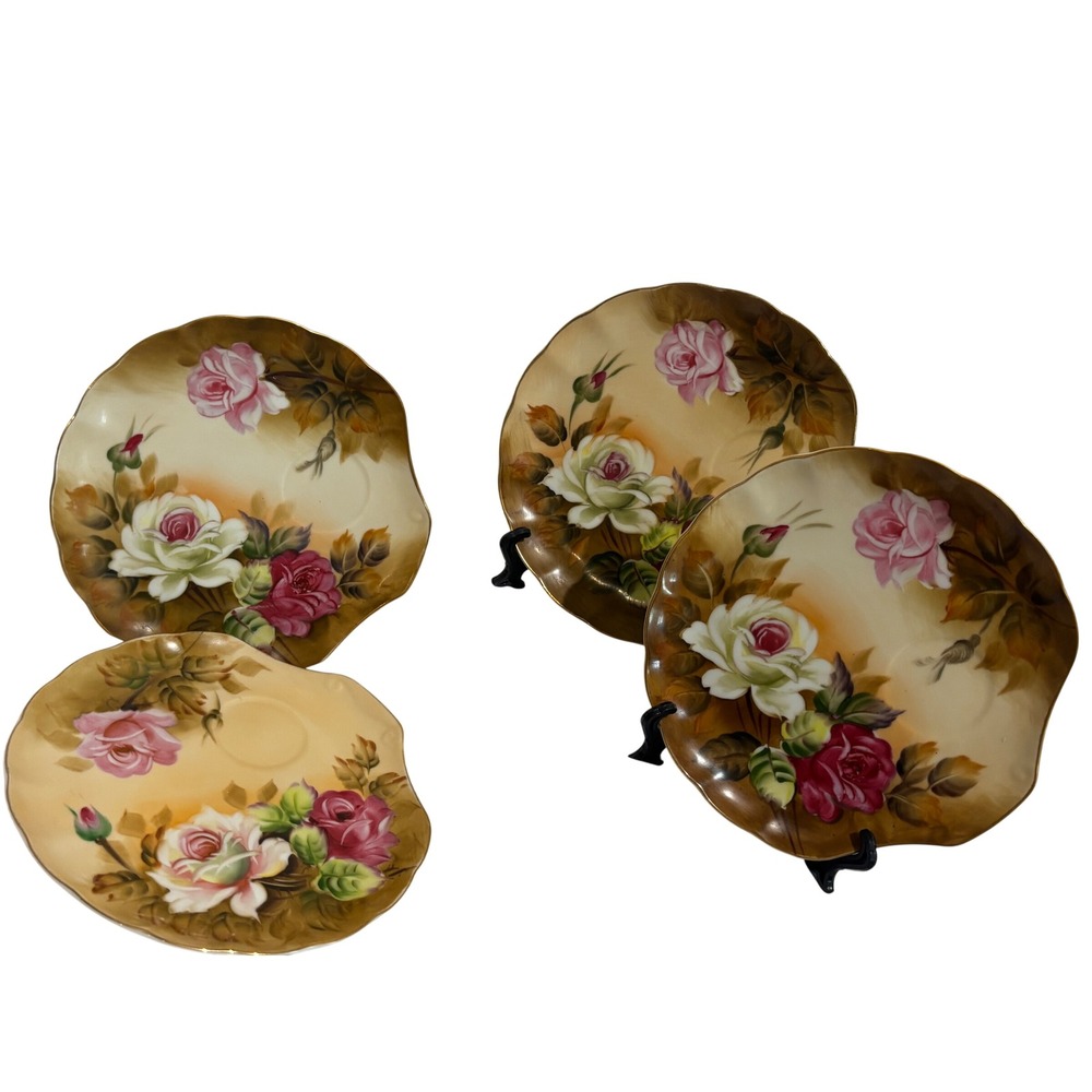 VTG Lefton China Hand Painted Heritage Brown Floral Rose Plates set of 4 Scallop